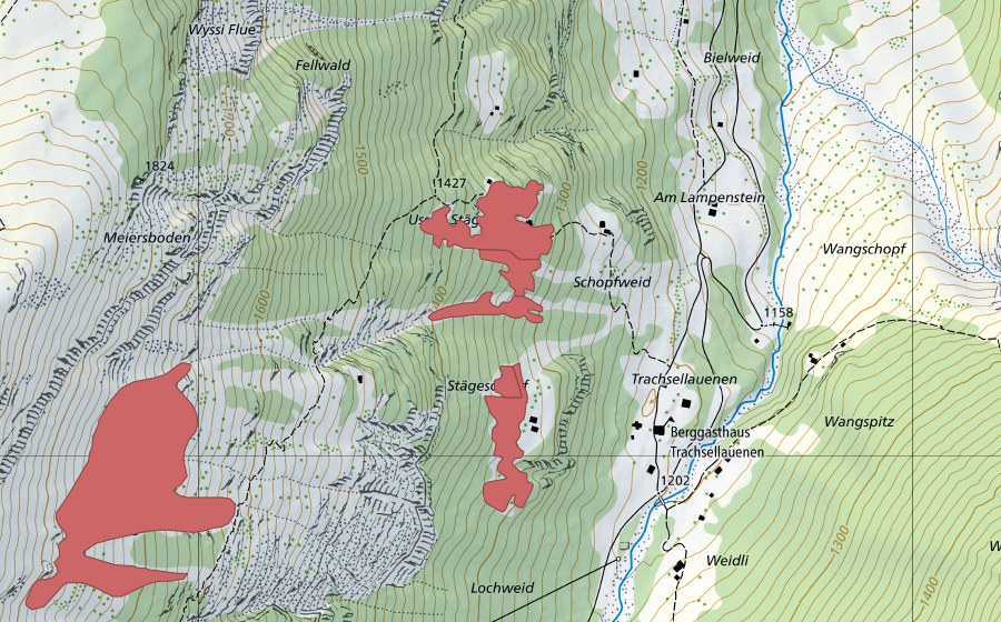 Carte nationale swisstopo avec le périmètre protégé de Stäga (Prairie sèche)