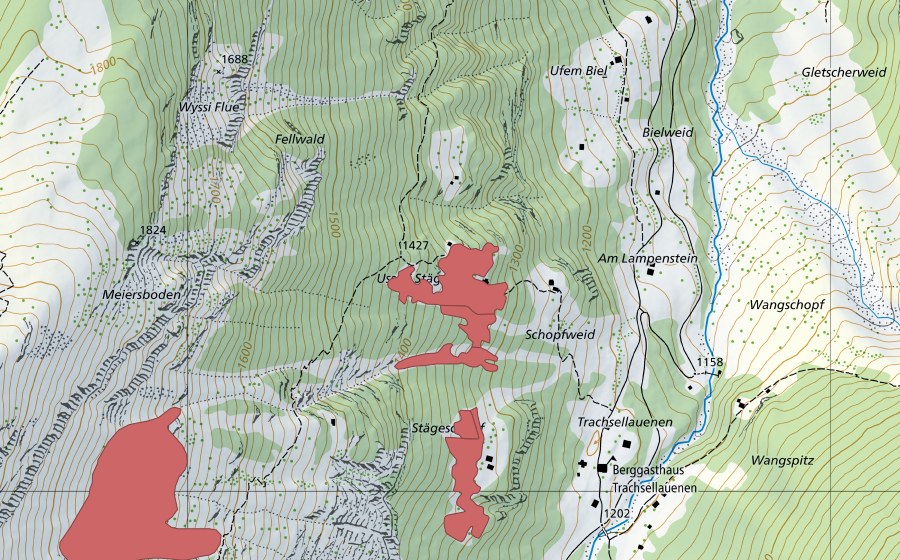 Landeskarte swisstopo mit dem Schutzperimeter von Stäga (Trockenwiese)