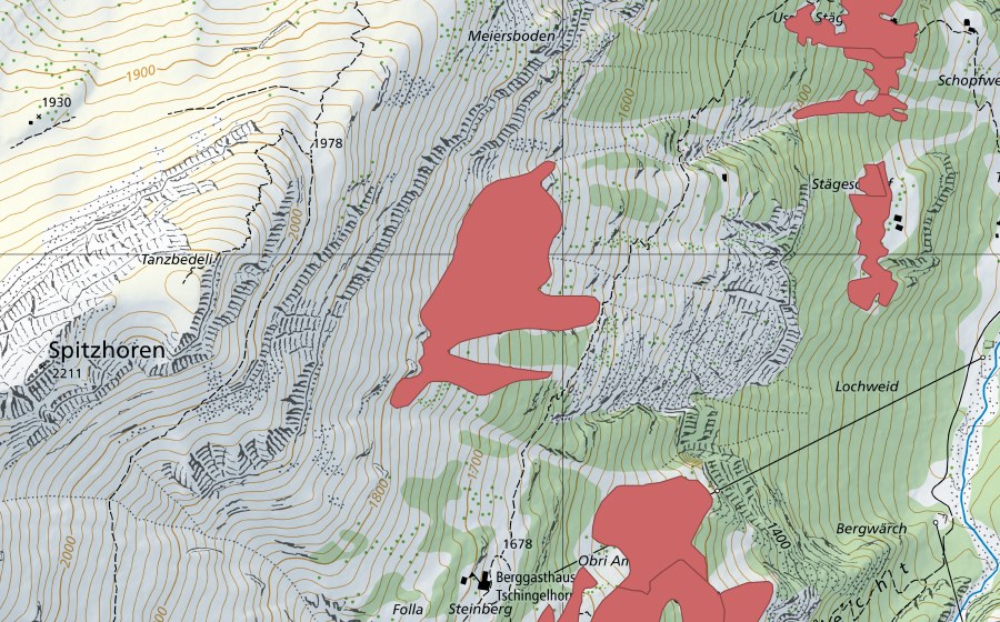 Carte nationale swisstopo avec le périmètre protégé de Stägeschopf (Prairie sèche)