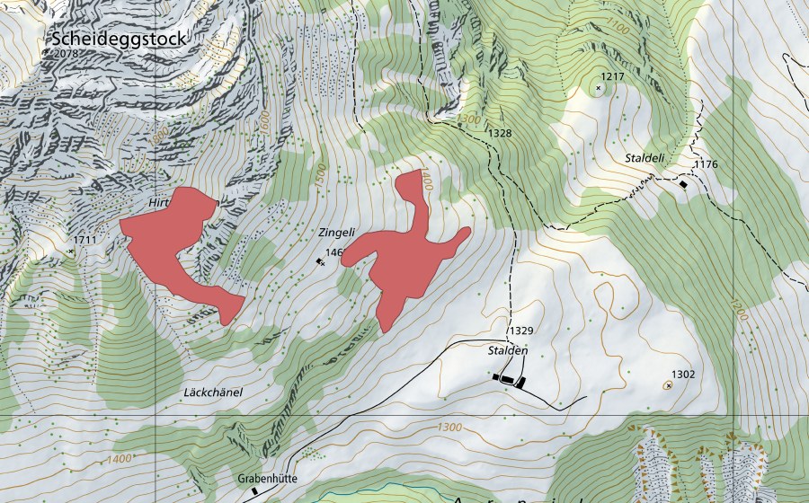 Carte nationale swisstopo avec le périmètre protégé de Stalden (Prairie sèche)