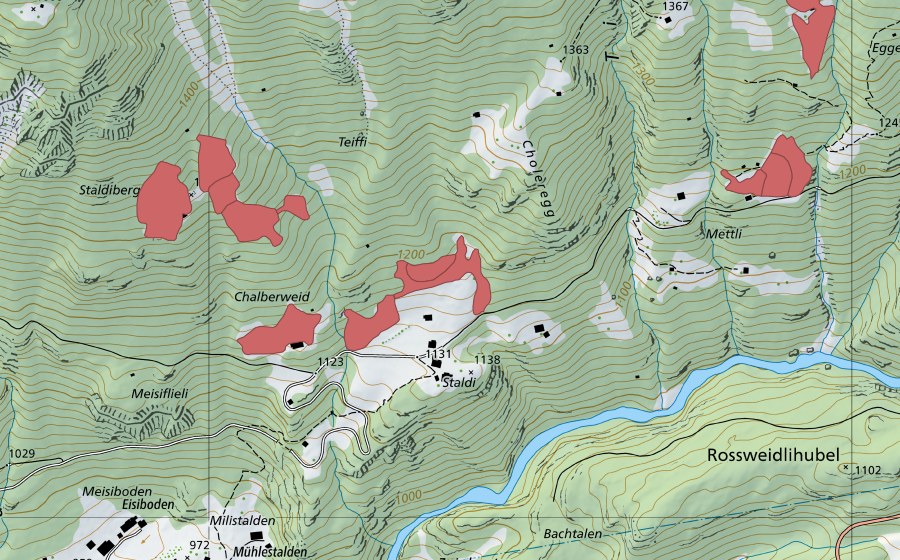 Carte nationale swisstopo avec le périmètre protégé de Staldi (Prairie sèche)