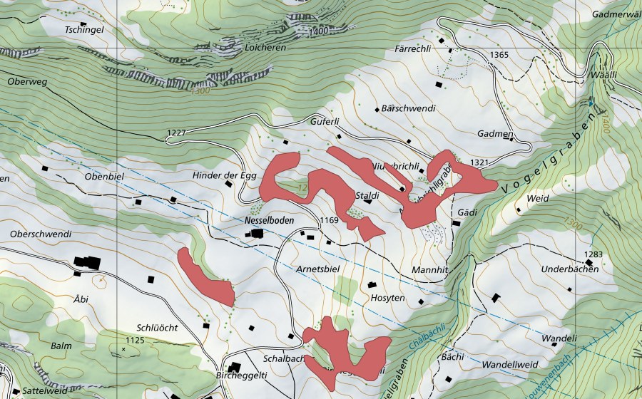 Carte nationale swisstopo avec le périmètre protégé de Staldi (Prairie sèche)