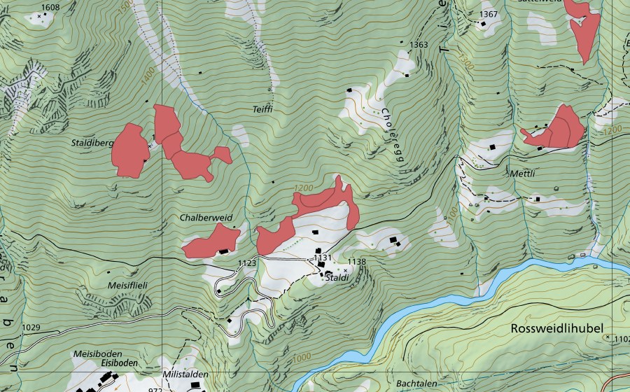 Carte nationale swisstopo avec le périmètre protégé de Staldi (Prairie sèche)