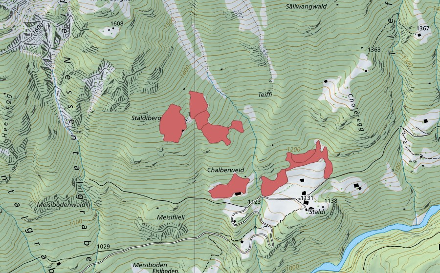 Carte nationale swisstopo avec le périmètre protégé de Staldiberg (Prairie sèche)