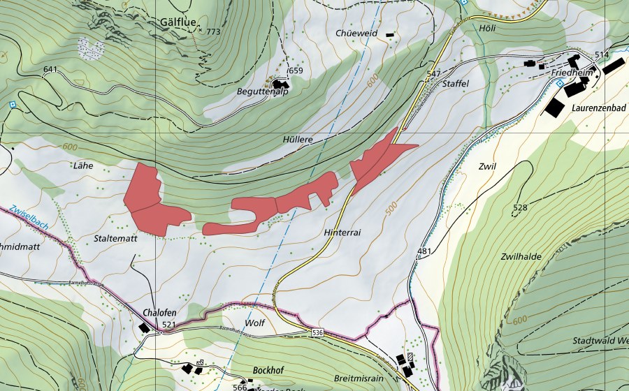 swisstopo national map showing the protected perimeter of Staltenmatt (Dry meadow)
