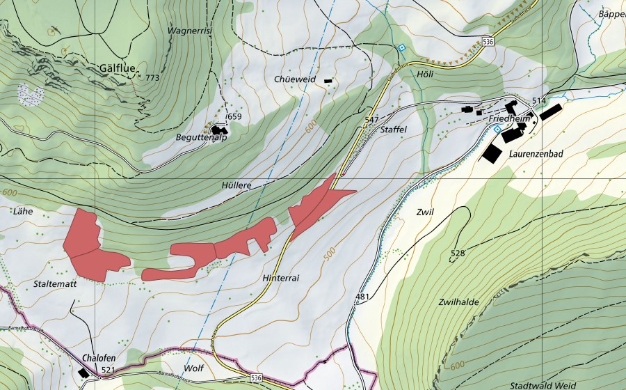 swisstopo national map showing the protected perimeter of Staltenmatt (Dry meadow)