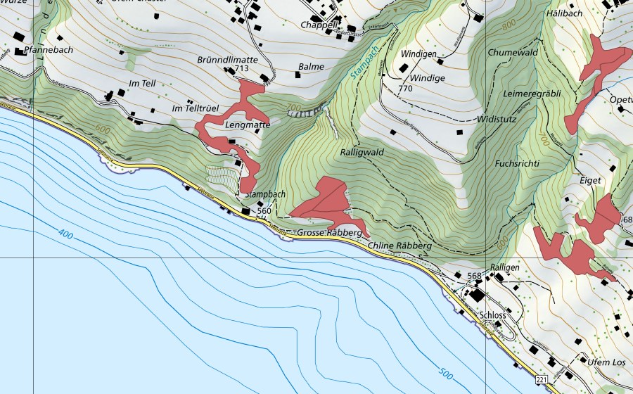 Landeskarte swisstopo mit dem Schutzperimeter von Stampach (Trockenwiese)