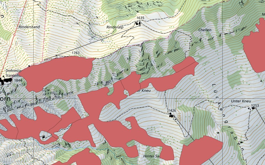 Carte nationale swisstopo avec le périmètre protégé de Stanserhorn (Prairie sèche)
