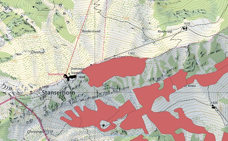 swisstopo national map showing the protected perimeter of Stanserhorn (Dry meadow)
