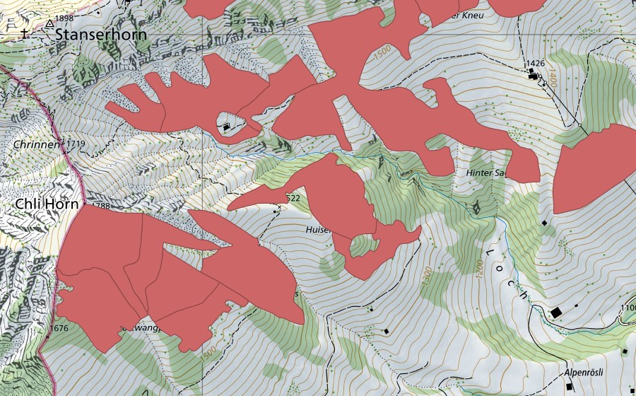 swisstopo national map showing the protected perimeter of Stanserhorn (Dry meadow)
