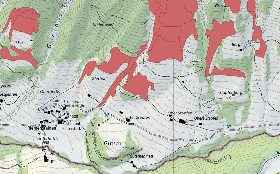 Landeskarte swisstopo mit dem Schutzperimeter von Stapfenplangg (Trockenwiese)