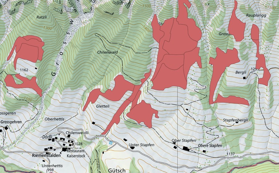 Landeskarte swisstopo mit dem Schutzperimeter von Stapfenplangg (Trockenwiese)