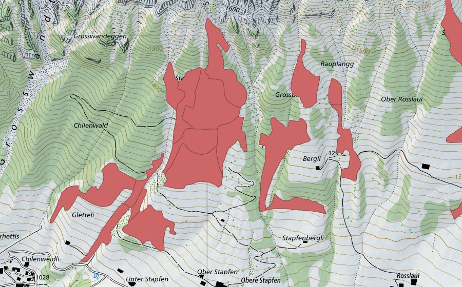 Carte nationale swisstopo avec le périmètre protégé de Stapfenplangg (Prairie sèche)