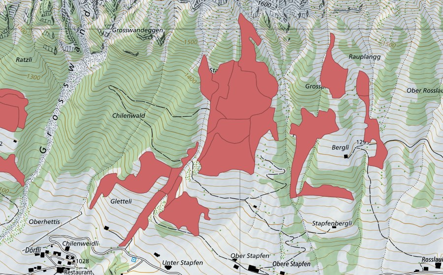 Carte nationale swisstopo avec le périmètre protégé de Stapfenplangg (Prairie sèche)