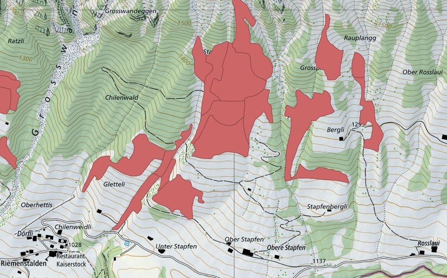 Landeskarte swisstopo mit dem Schutzperimeter von Stapfenplangg (Trockenwiese)
