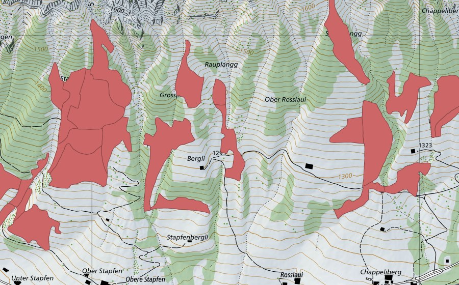 Carte nationale swisstopo avec le périmètre protégé de Stapfenplangg (Prairie sèche)