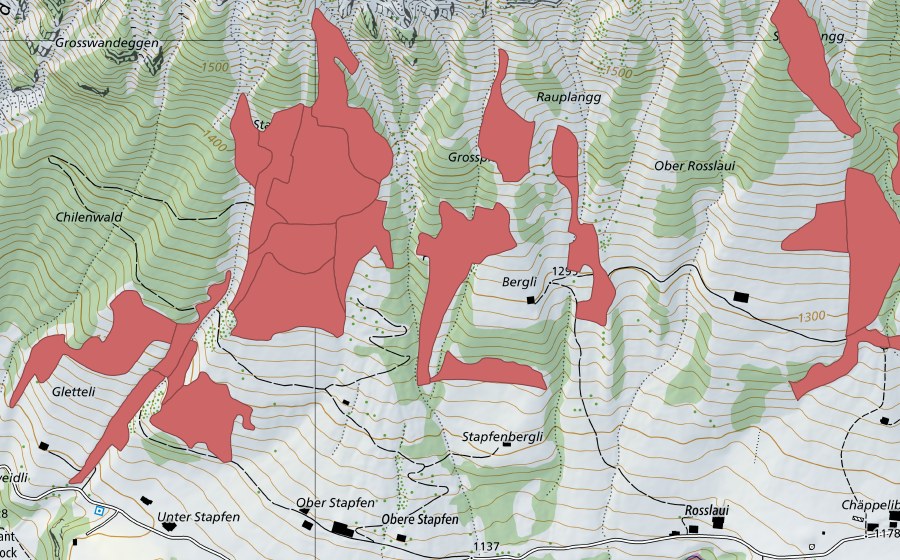 Landeskarte swisstopo mit dem Schutzperimeter von Stapfenplangg (Trockenwiese)