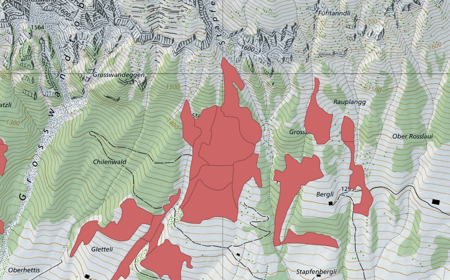 Carte nationale swisstopo avec le périmètre protégé de Stapfenplangg (Prairie sèche)
