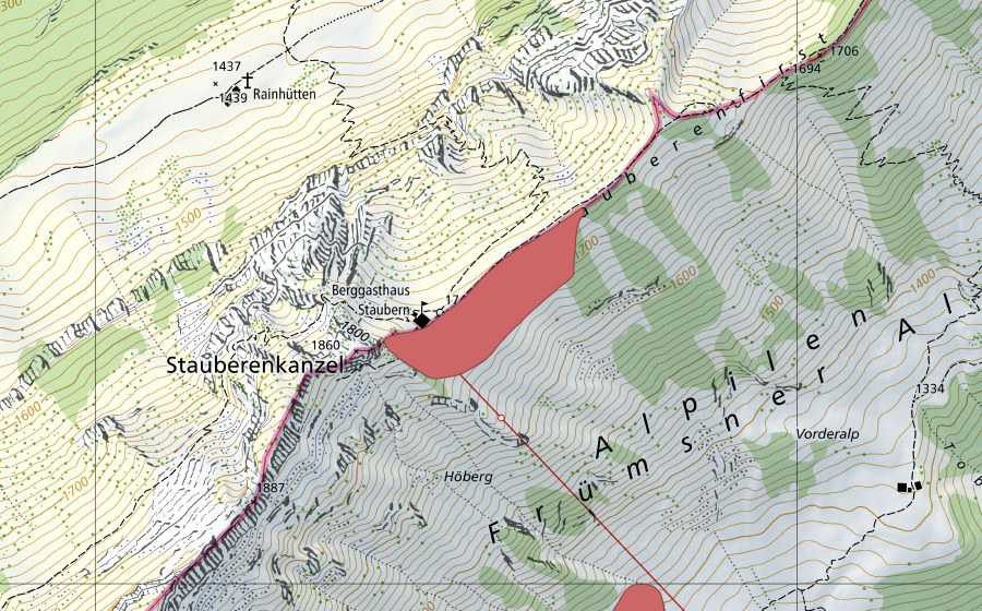 Carte nationale swisstopo avec le périmètre protégé de Stauberenfirst (Prairie sèche)
