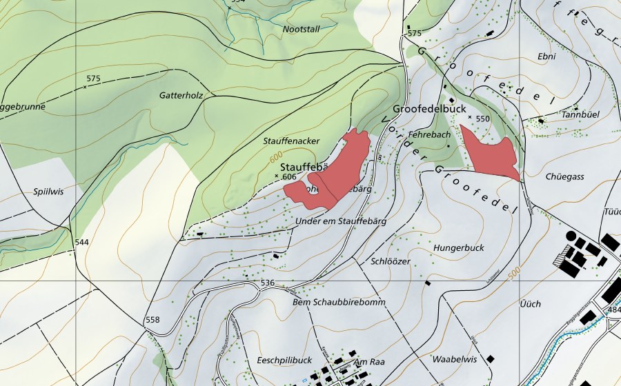 swisstopo national map showing the protected perimeter of Staufenberg (Dry meadow)