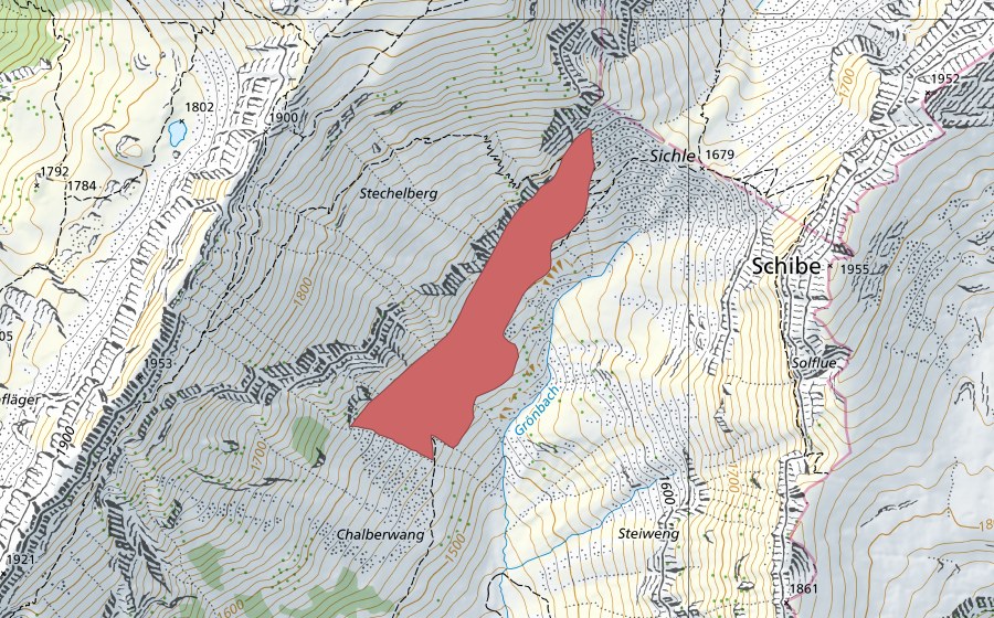 Landeskarte swisstopo mit dem Schutzperimeter von Stechelberg (Trockenwiese)