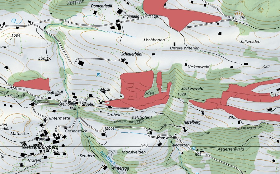 Carte nationale swisstopo avec le périmètre protégé de Steinacher (Prairie sèche)