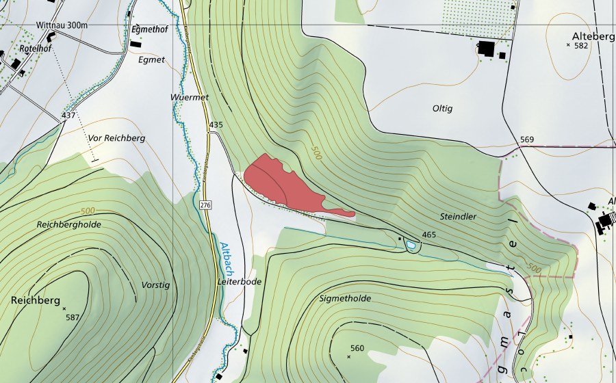 swisstopo national map showing the protected perimeter of Steindler (Dry meadow)