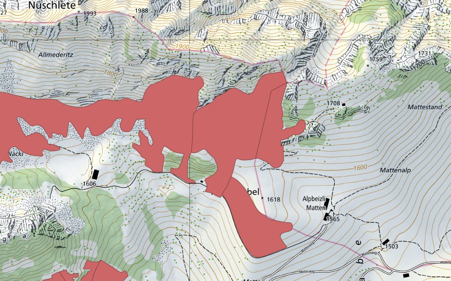 Carte nationale swisstopo avec le périmètre protégé de Steinig Nacki (Prairie sèche)