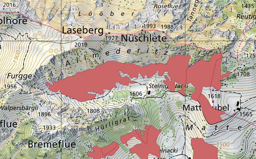 Carta nazionale swisstopo con il perimetro protetto di Steinig Nacki (Prato secco)