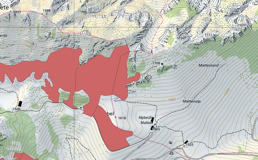 Carte nationale swisstopo avec le périmètre protégé de Steinig Nacki (Prairie sèche)