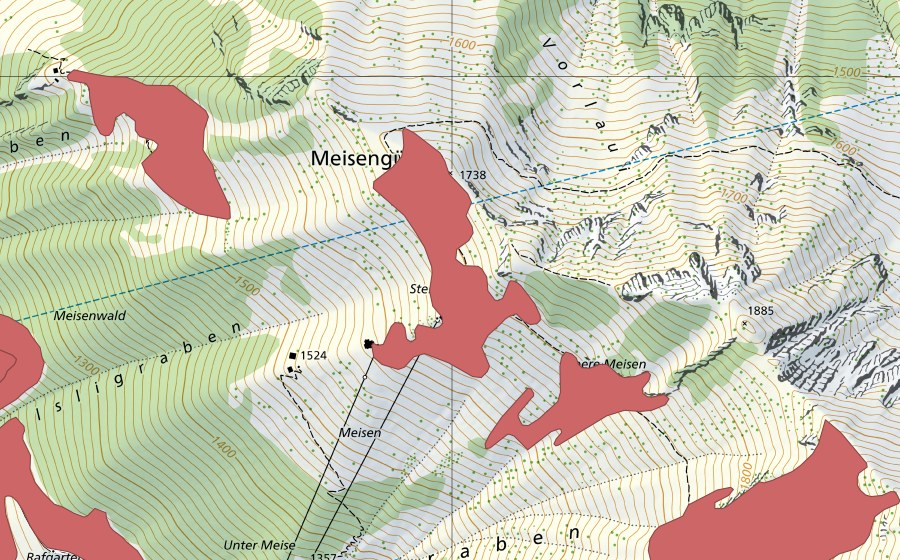 Carte nationale swisstopo avec le périmètre protégé de Steinmeise (Prairie sèche)