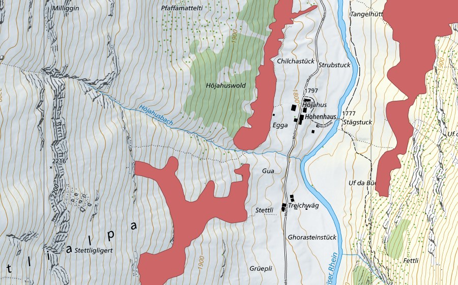 Landeskarte swisstopo mit dem Schutzperimeter von Stettlialpa (Trockenwiese)