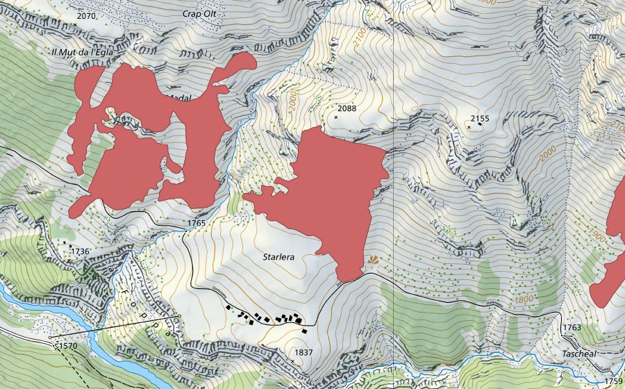 Carte nationale swisstopo avec le périmètre protégé de Stgavatsch (Prairie sèche)