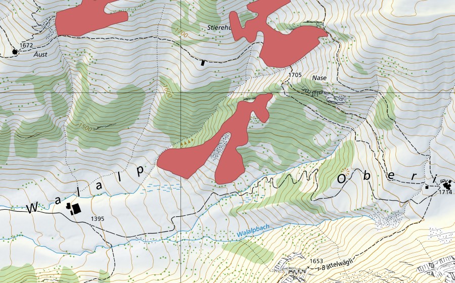 Landeskarte swisstopo mit dem Schutzperimeter von Stierehütte (Trockenwiese)