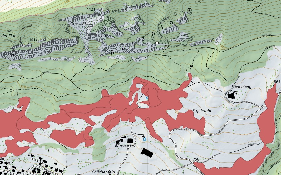 swisstopo national map showing the protected perimeter of Stierenberg (Dry meadow)