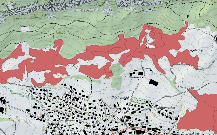 Carte nationale swisstopo avec le périmètre protégé de Stierenberg (Prairie sèche)