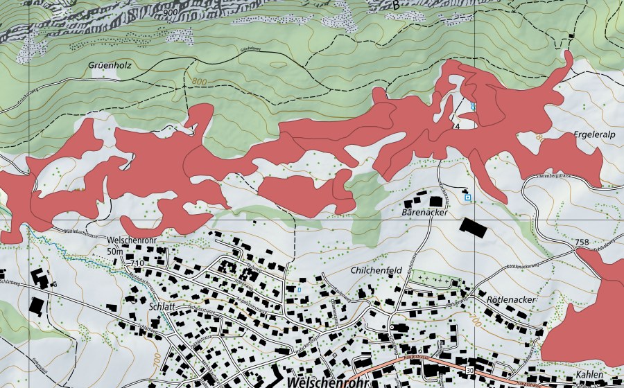 Landeskarte swisstopo mit dem Schutzperimeter von Stierenberg (Trockenwiese)