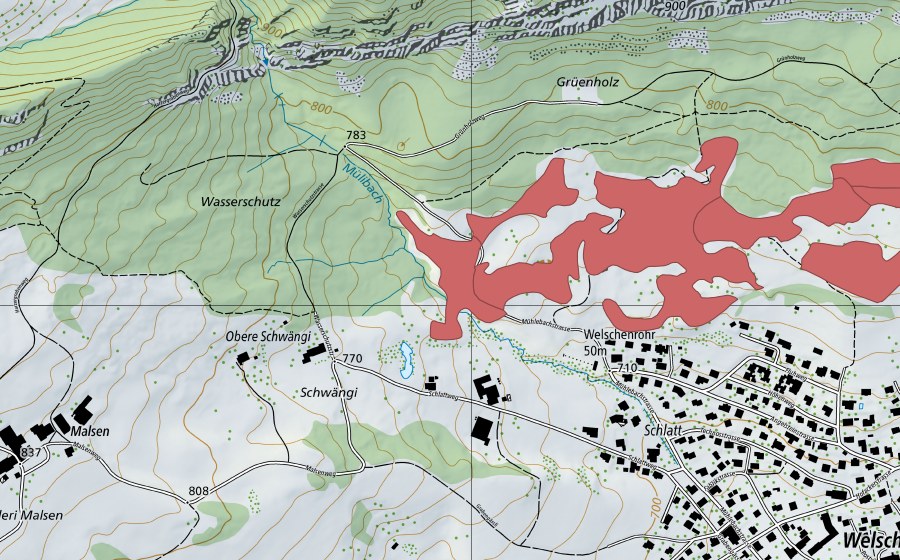 Landeskarte swisstopo mit dem Schutzperimeter von Stierenberg (Trockenwiese)