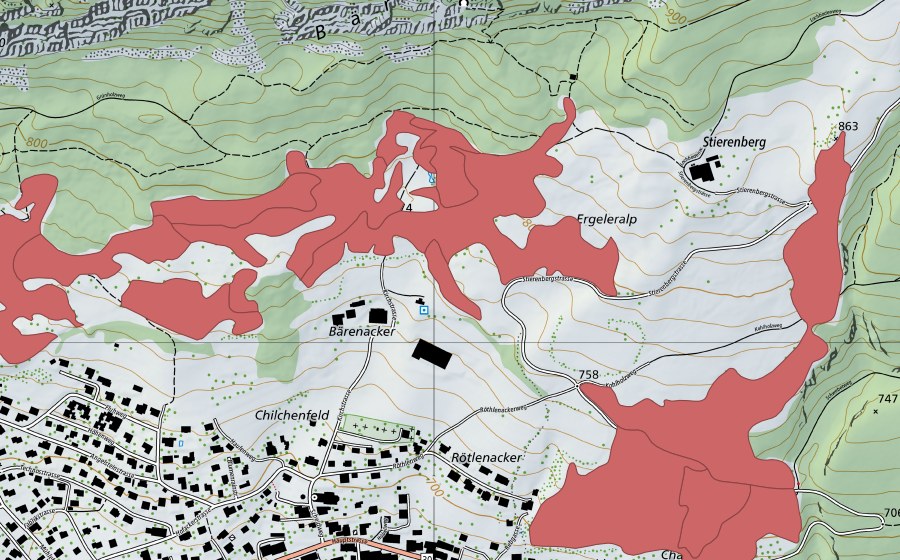 Landeskarte swisstopo mit dem Schutzperimeter von Stierenberg (Trockenwiese)