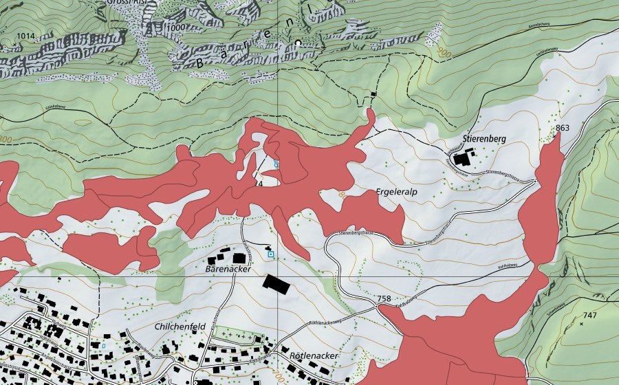 Carte nationale swisstopo avec le périmètre protégé de Stierenberg (Prairie sèche)
