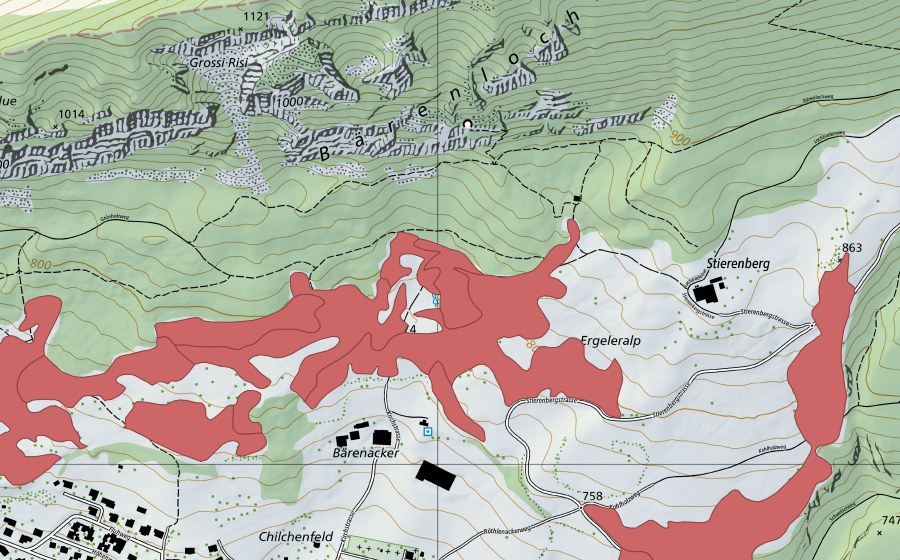 swisstopo national map showing the protected perimeter of Stierenberg (Dry meadow)