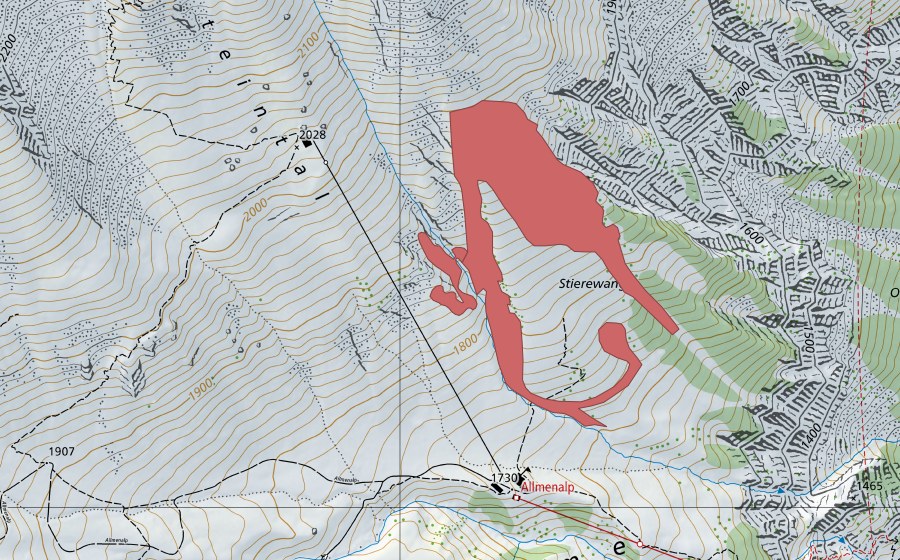 swisstopo national map showing the protected perimeter of Stierewang (Dry meadow)
