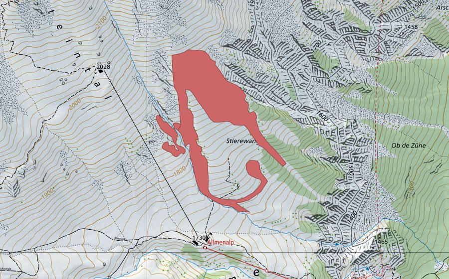 Carte nationale swisstopo avec le périmètre protégé de Stierewang (Prairie sèche)