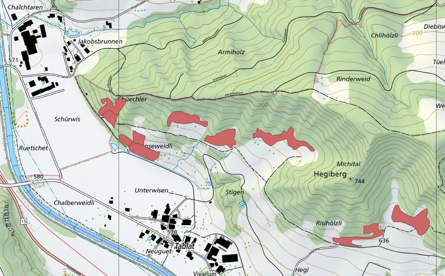 Landeskarte swisstopo mit dem Schutzperimeter von Stigenweid (Trockenwiese)