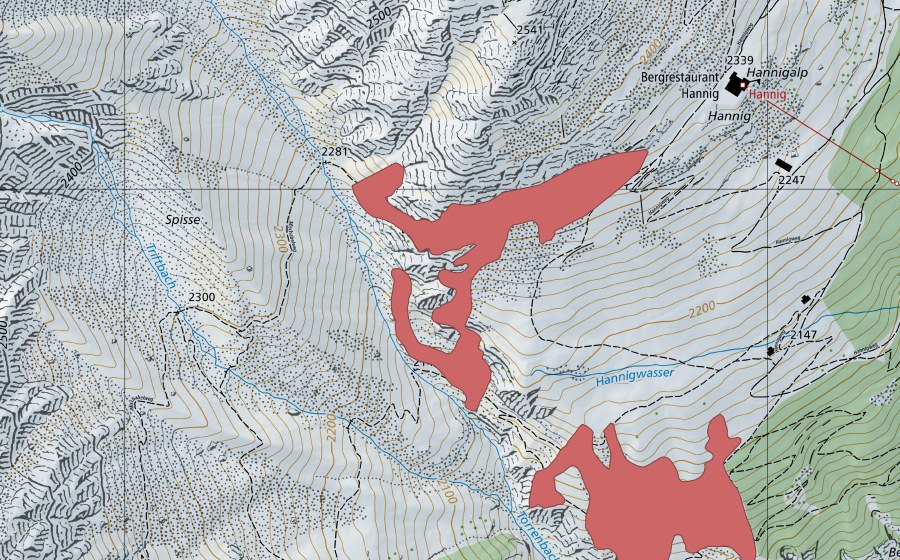swisstopo national map showing the protected perimeter of Stn. Hannig (Dry meadow)