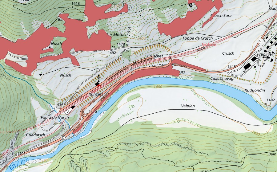Landeskarte swisstopo mit dem Schutzperimeter von Stn Sagliains (Trockenwiese)