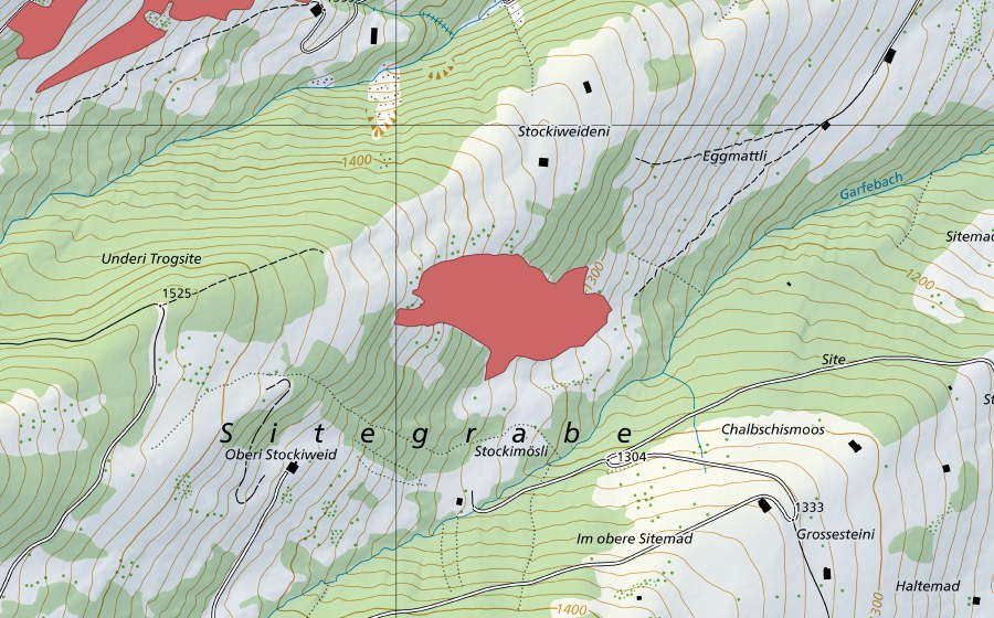 swisstopo national map showing the protected perimeter of Stockiweideni (Dry meadow)