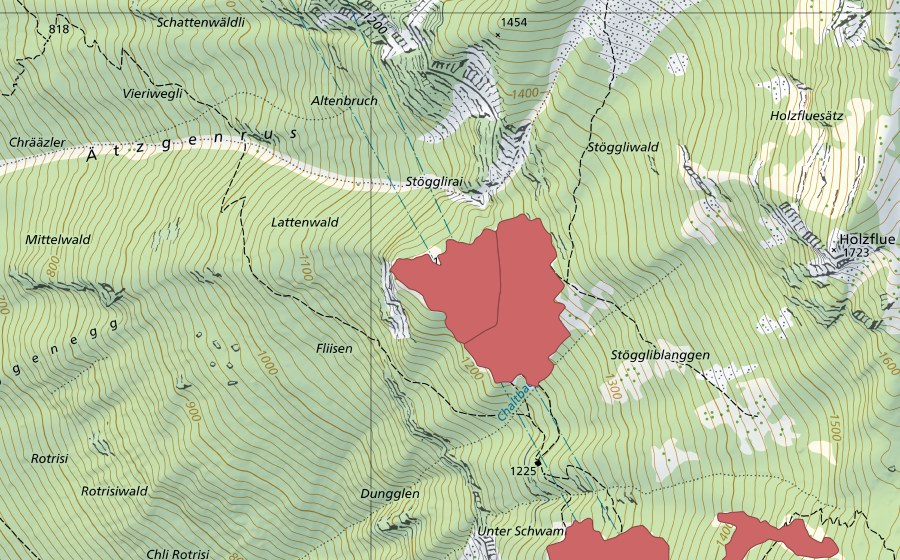 Carte nationale swisstopo avec le périmètre protégé de Stöckli (Prairie sèche)