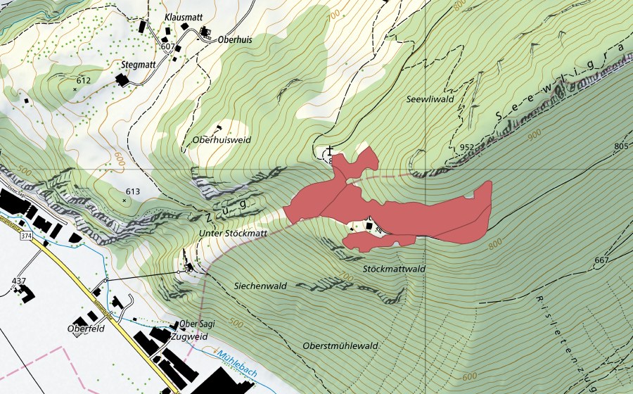 Landeskarte swisstopo mit dem Schutzperimeter von Stöckmatt (Trockenwiese)