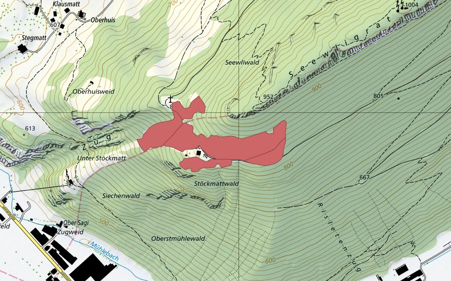 swisstopo national map showing the protected perimeter of Stöckmatt (Dry meadow)
